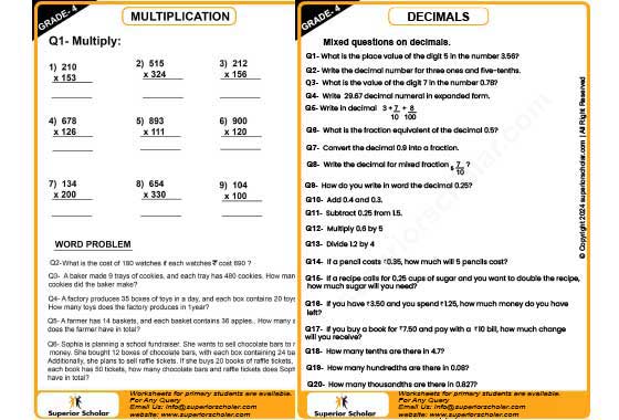 multiply & decimal worksheet