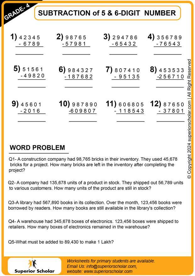 subtraction worksheet